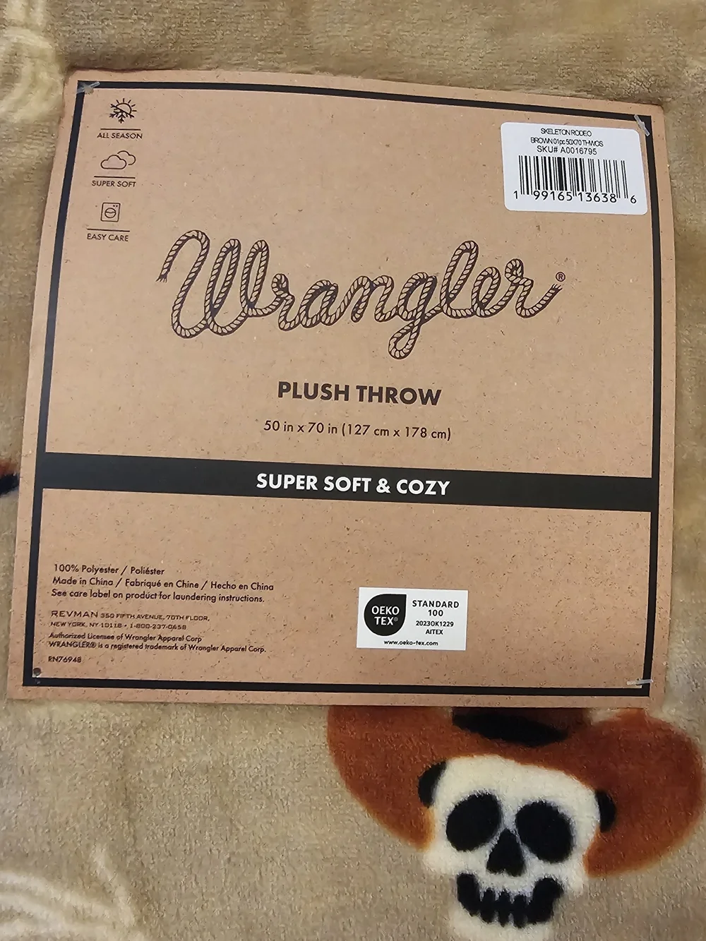 Wrangler Tan Cowboy Skeleton Plush Throw Blanket